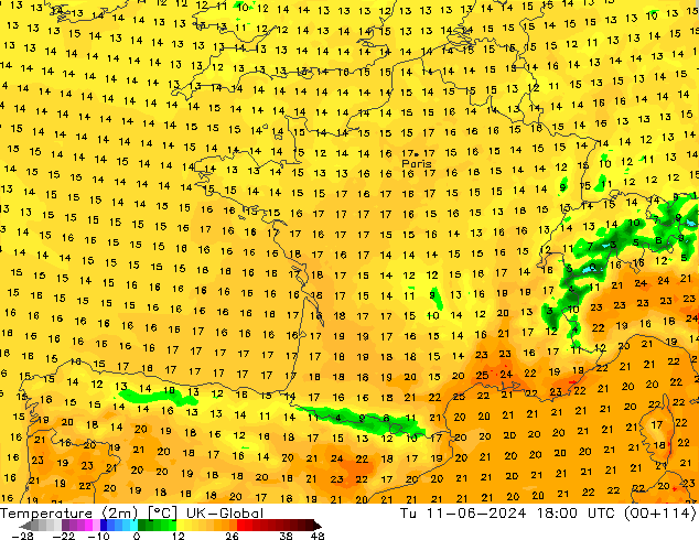 Temperature (2m) UK-Global Tu 11.06.2024 18 UTC