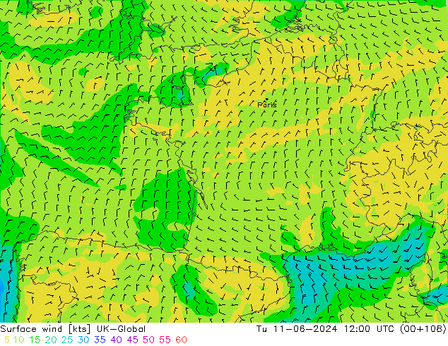 Wind 10 m UK-Global di 11.06.2024 12 UTC