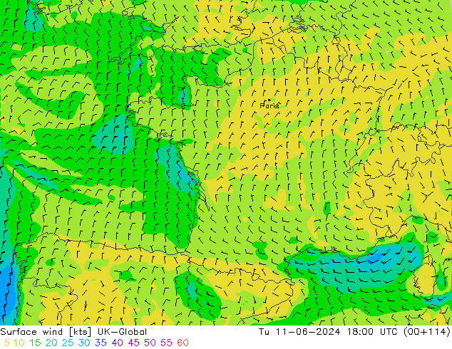 Surface wind UK-Global Tu 11.06.2024 18 UTC