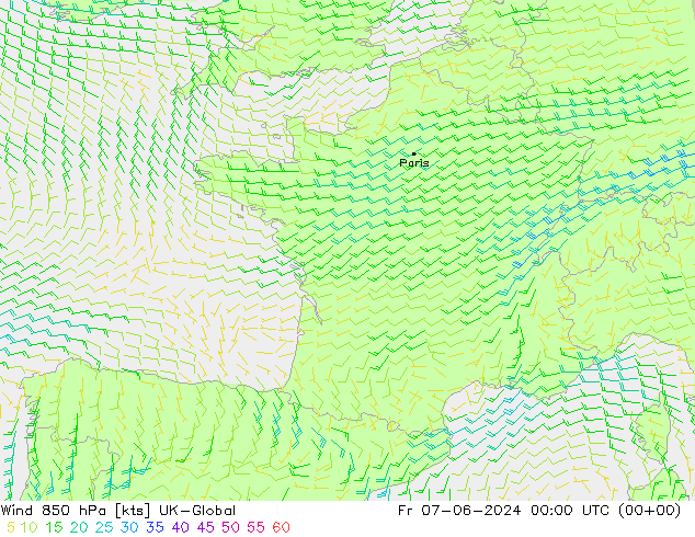 Wind 850 hPa UK-Global Fr 07.06.2024 00 UTC