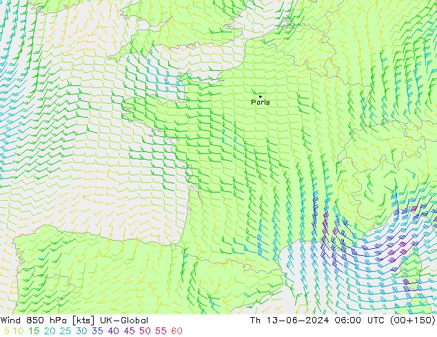 wiatr 850 hPa UK-Global czw. 13.06.2024 06 UTC