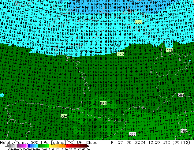 Height/Temp. 500 hPa UK-Global Fr 07.06.2024 12 UTC