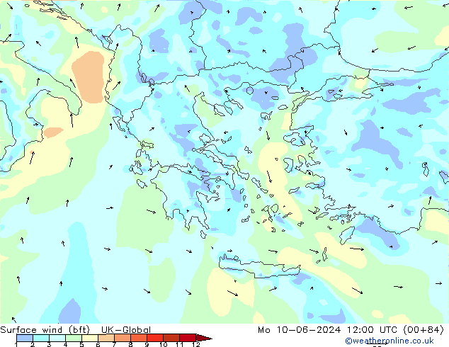 Viento 10 m (bft) UK-Global lun 10.06.2024 12 UTC