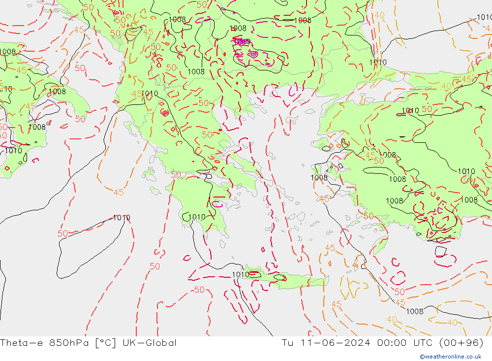 Theta-e 850hPa UK-Global wto. 11.06.2024 00 UTC