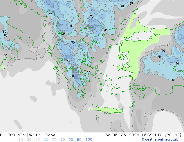 RH 700 hPa UK-Global sab 08.06.2024 18 UTC