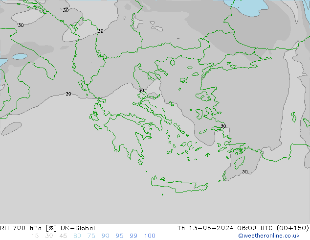 RH 700 hPa UK-Global Th 13.06.2024 06 UTC