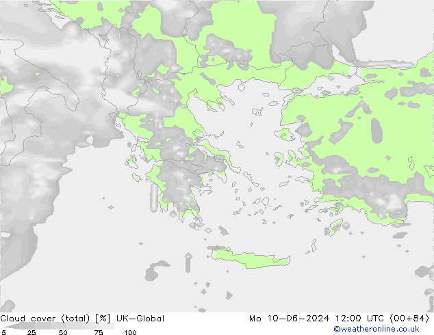 Cloud cover (total) UK-Global Po 10.06.2024 12 UTC