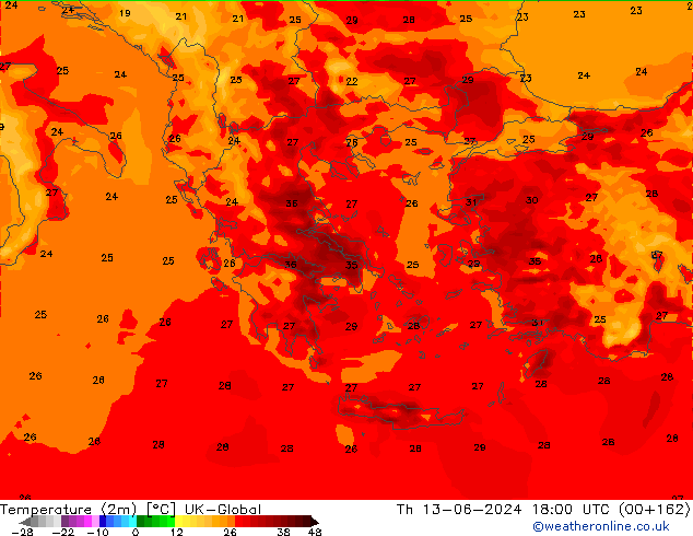 Sıcaklık Haritası (2m) UK-Global Per 13.06.2024 18 UTC