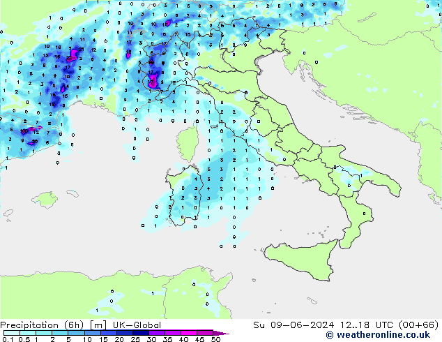 Précipitation (6h) UK-Global dim 09.06.2024 18 UTC