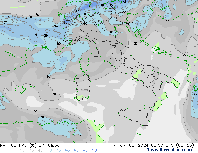 Humidité rel. 700 hPa UK-Global ven 07.06.2024 03 UTC