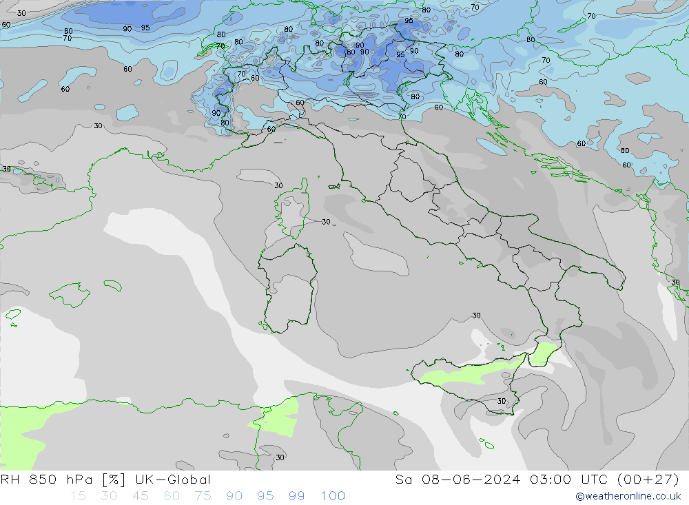 Humidité rel. 850 hPa UK-Global sam 08.06.2024 03 UTC