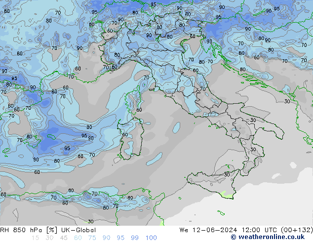 Humidité rel. 850 hPa UK-Global mer 12.06.2024 12 UTC