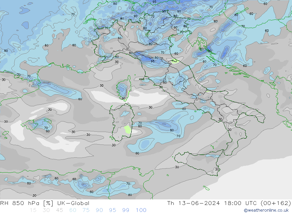 Humidité rel. 850 hPa UK-Global jeu 13.06.2024 18 UTC