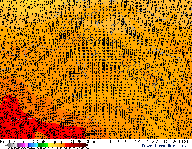 Géop./Temp. 850 hPa UK-Global ven 07.06.2024 12 UTC