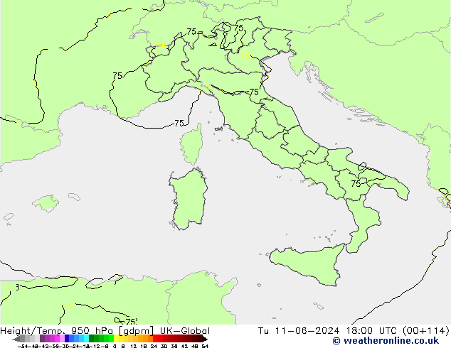 Height/Temp. 950 hPa UK-Global Tu 11.06.2024 18 UTC