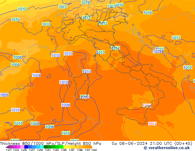 Espesor 850-1000 hPa UK-Global sáb 08.06.2024 21 UTC