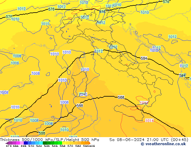 Espesor 500-1000 hPa UK-Global sáb 08.06.2024 21 UTC