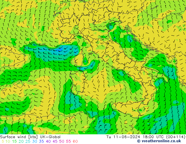 wiatr 10 m UK-Global wto. 11.06.2024 18 UTC
