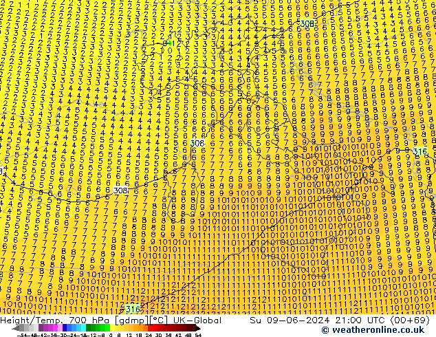 Height/Temp. 700 hPa UK-Global Dom 09.06.2024 21 UTC