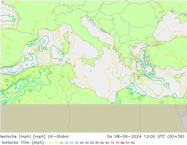 Isotachen (mph) UK-Global Sa 08.06.2024 12 UTC