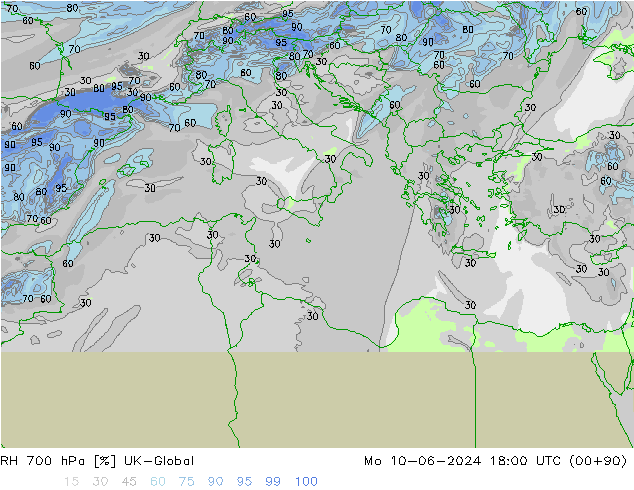 RH 700 hPa UK-Global Mo 10.06.2024 18 UTC