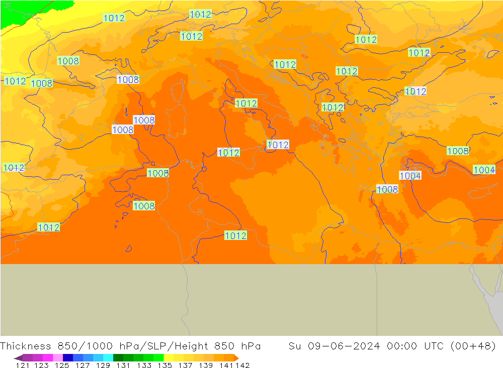 Dikte 850-1000 hPa UK-Global zo 09.06.2024 00 UTC