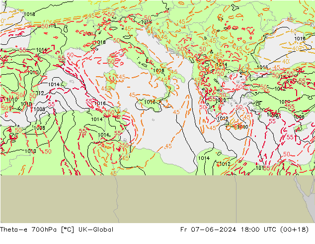 Theta-e 700hPa UK-Global Sex 07.06.2024 18 UTC