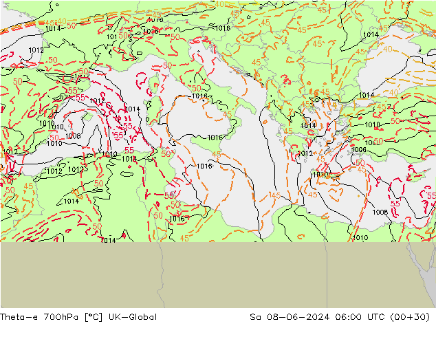 Theta-e 700hPa UK-Global  08.06.2024 06 UTC