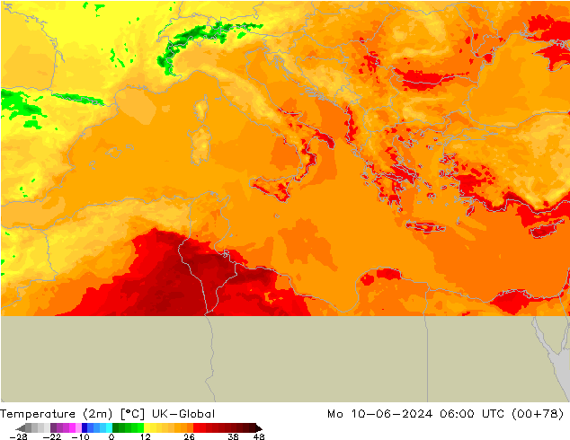mapa temperatury (2m) UK-Global pon. 10.06.2024 06 UTC