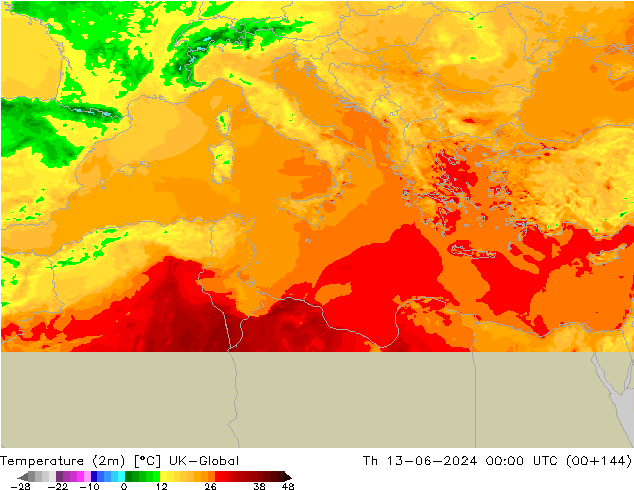 Temperatura (2m) UK-Global Qui 13.06.2024 00 UTC