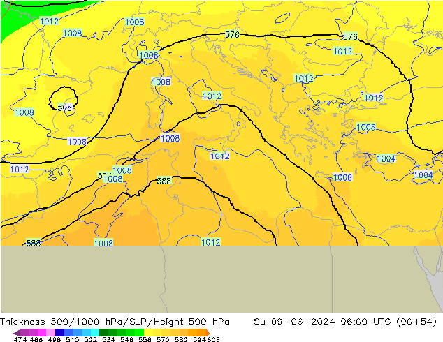 Thck 500-1000гПа UK-Global Вс 09.06.2024 06 UTC