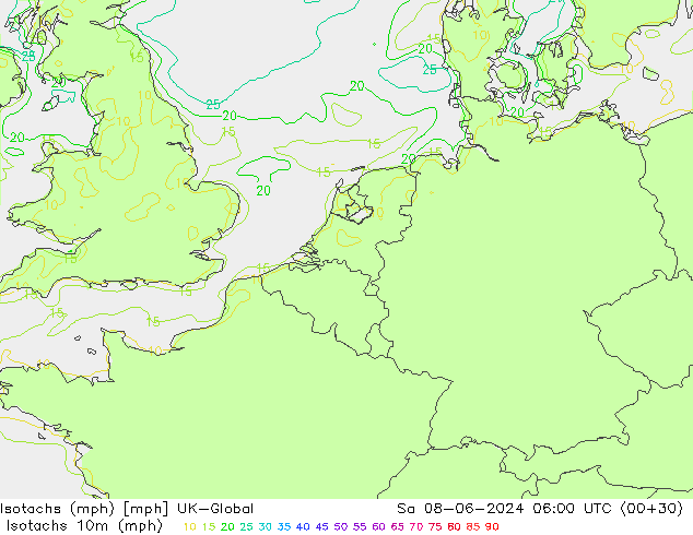 Izotacha (mph) UK-Global so. 08.06.2024 06 UTC