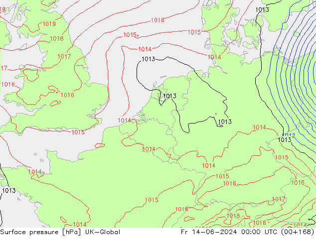 Pressione al suolo UK-Global ven 14.06.2024 00 UTC