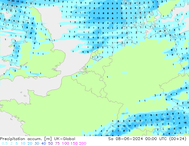 Precipitation accum. UK-Global so. 08.06.2024 00 UTC