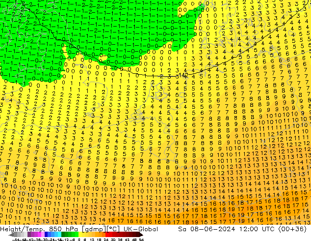 Height/Temp. 850 hPa UK-Global So 08.06.2024 12 UTC