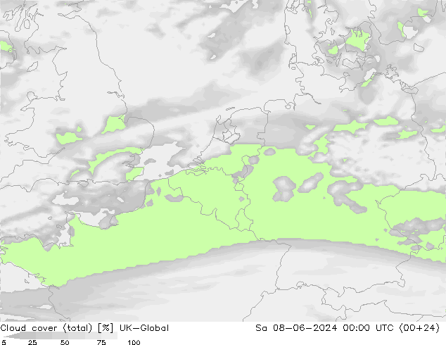 Bewolking (Totaal) UK-Global za 08.06.2024 00 UTC