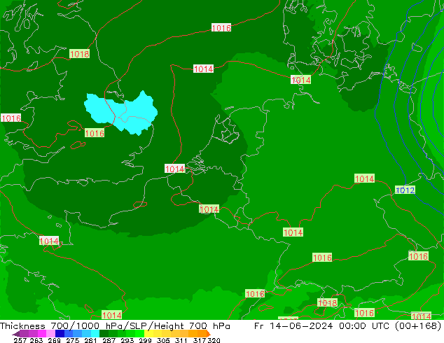 Thck 700-1000 hPa UK-Global Fr 14.06.2024 00 UTC