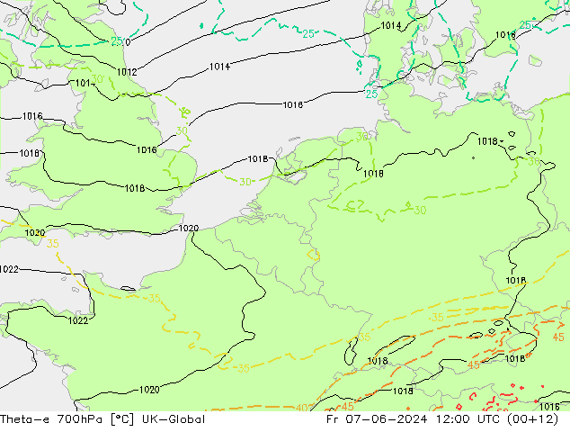 Theta-e 700hPa UK-Global Fr 07.06.2024 12 UTC