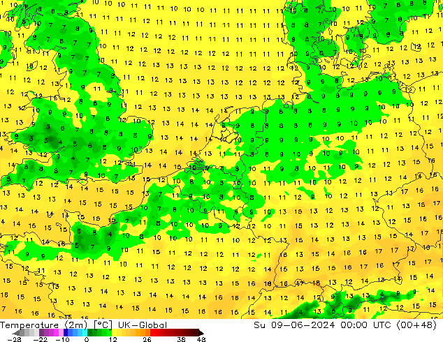 Temperature (2m) UK-Global Su 09.06.2024 00 UTC