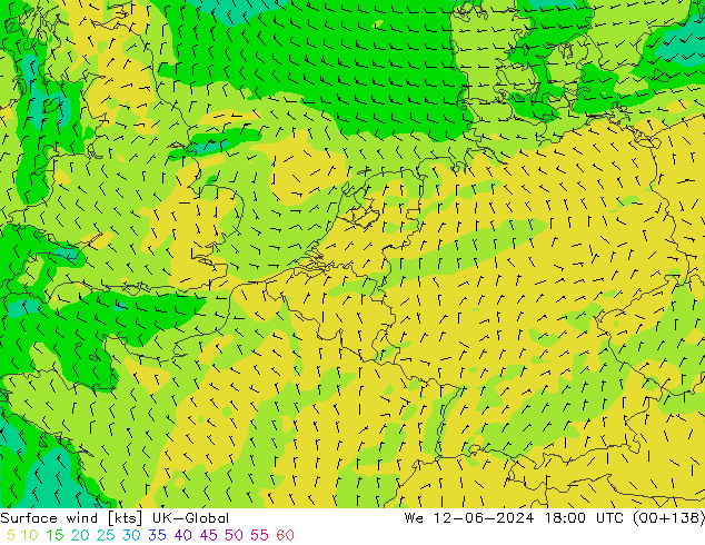 Surface wind UK-Global We 12.06.2024 18 UTC