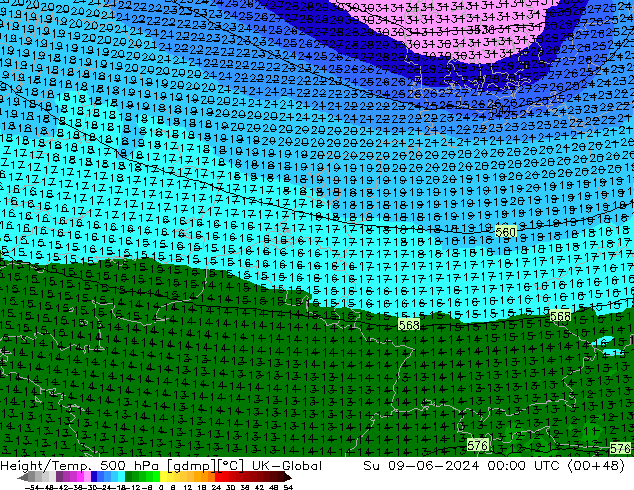 Height/Temp. 500 hPa UK-Global Dom 09.06.2024 00 UTC