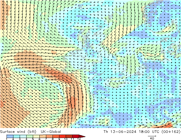 Surface wind (bft) UK-Global Th 13.06.2024 18 UTC