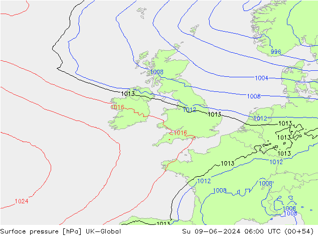 Pressione al suolo UK-Global dom 09.06.2024 06 UTC