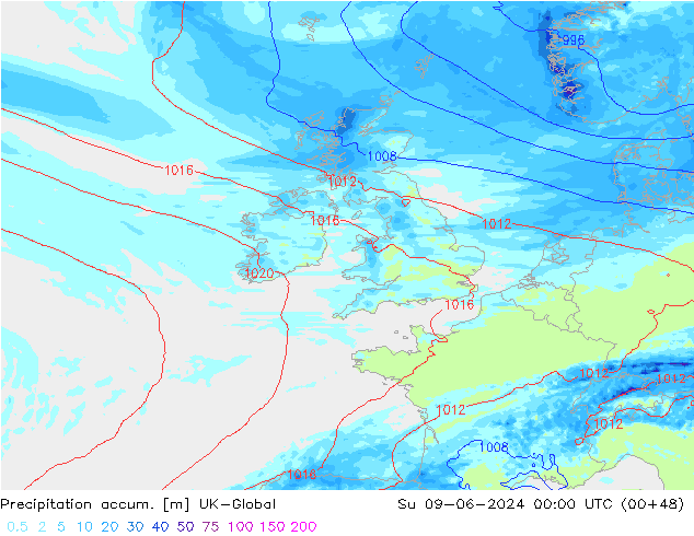 Precipitation accum. UK-Global dom 09.06.2024 00 UTC