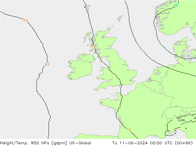 Height/Temp. 950 hPa UK-Global mar 11.06.2024 00 UTC