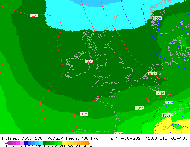 Thck 700-1000 hPa UK-Global Ter 11.06.2024 12 UTC