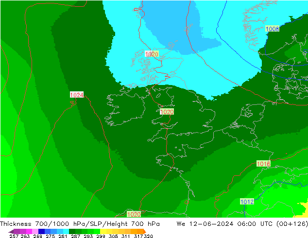 Thck 700-1000 hPa UK-Global mer 12.06.2024 06 UTC