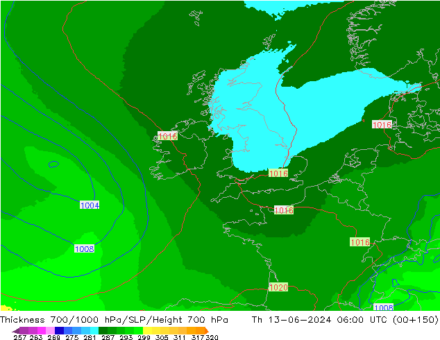 Thck 700-1000 hPa UK-Global Th 13.06.2024 06 UTC