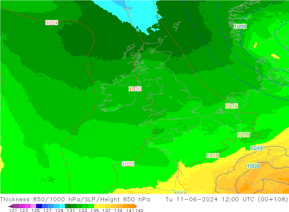 Thck 850-1000 hPa UK-Global Tu 11.06.2024 12 UTC