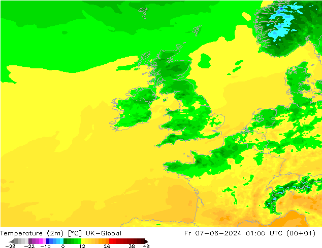 Temperature (2m) UK-Global Fr 07.06.2024 01 UTC